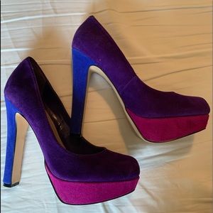 Suede color block closed toe high heels